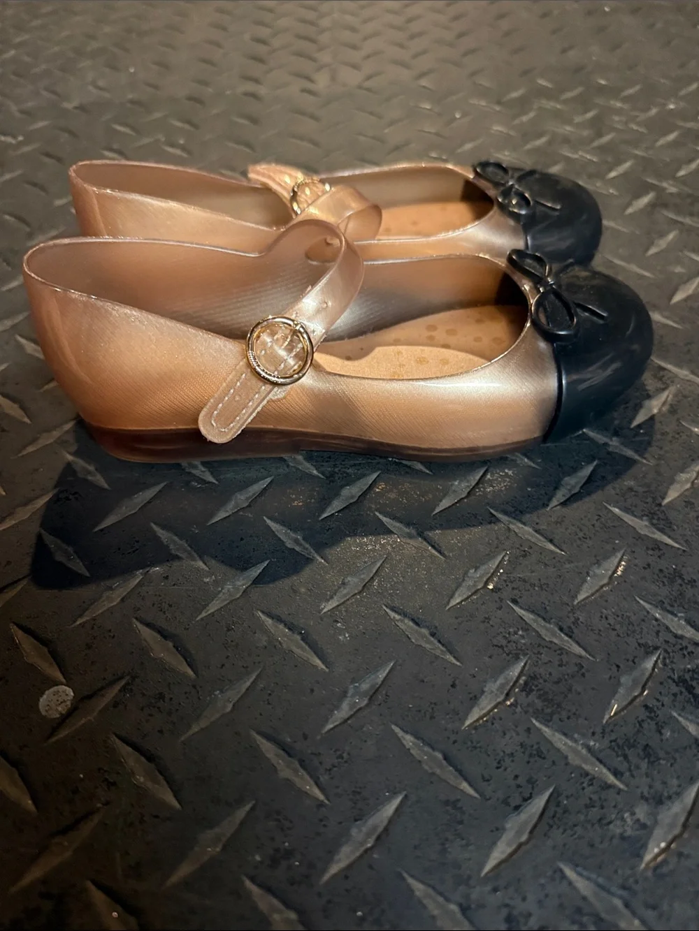 Mini Melissa Metallic Bronze and Black Mary Jane Flats with Bow Accent